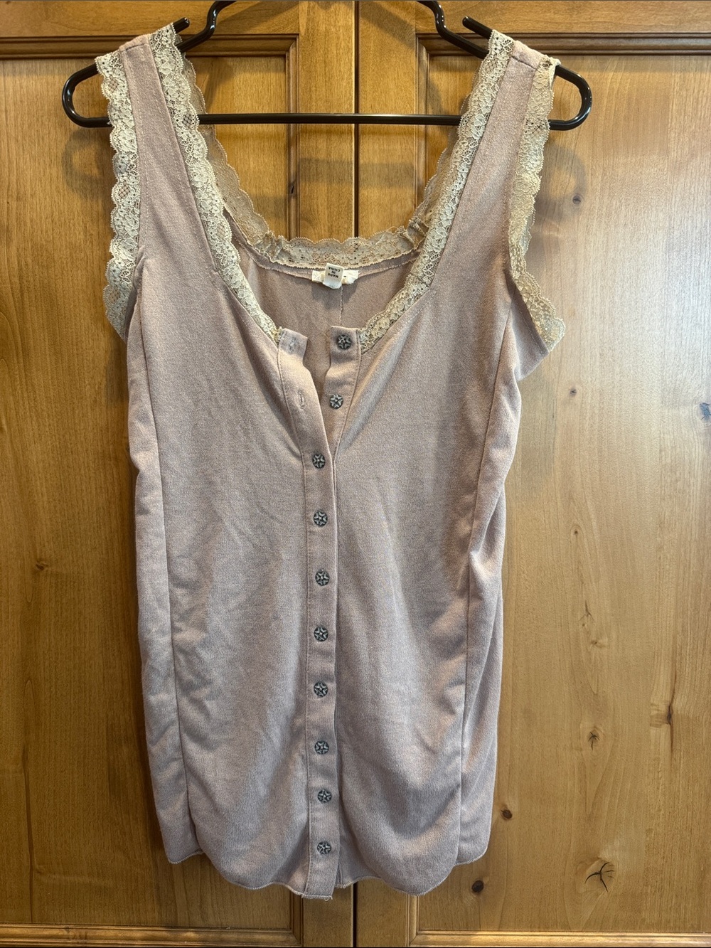 POL Lace-Trim Beige Tank Top with Button Front